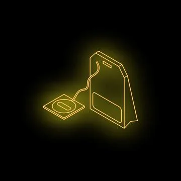 Gold tea bag brewing in square neon coaster on black background Stock Illustration