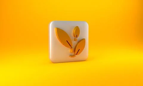 Gold Tea leaf icon isolated on yellow background. Tea leaves. Silver square b Illustrazione stock