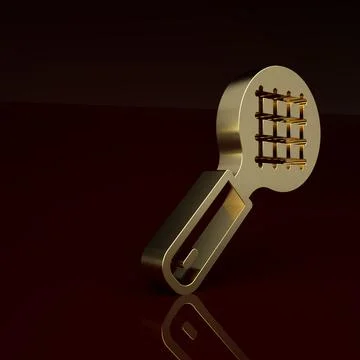 Gold Tea strainer with handle icon isolated on brown background. Metal sieve Illustration