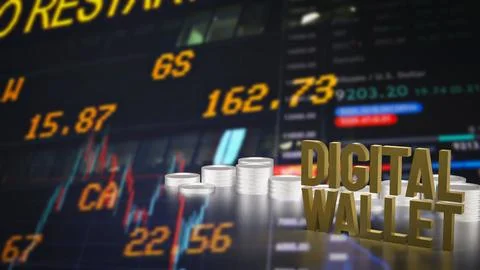 The Gold text digital wallet for Application or technology concept 3d rende.. Stock Illustration