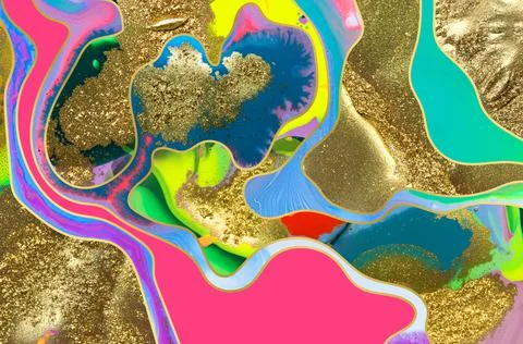 Gold texture on fluorescent paints wave mix flow background. Stock Photos