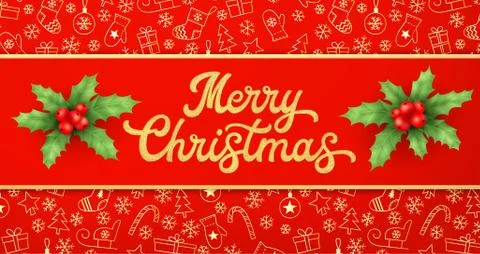 Gold texture glitter Xmas lettering on red. Stock Illustration