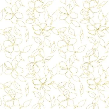 Gold texture one line style seamless pattern. Cherry blossom flowers and leaves. Stock Illustration