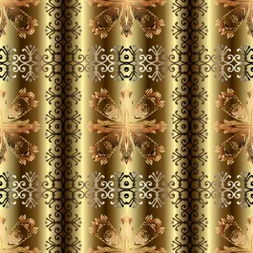 Gold textured 3d embroidery vector seamless pattern. Ornamental golden floral Ilustración de archivo