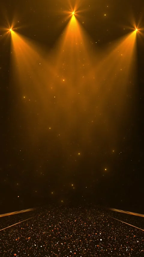 Gold theater stage background warm lamps, shining floor, and floating glitter pa Stock Footage 340419656
