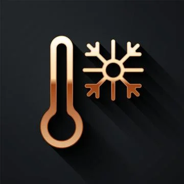 Gold Thermometer with snowflake icon isolated on black background. Long shado Stock Illustration