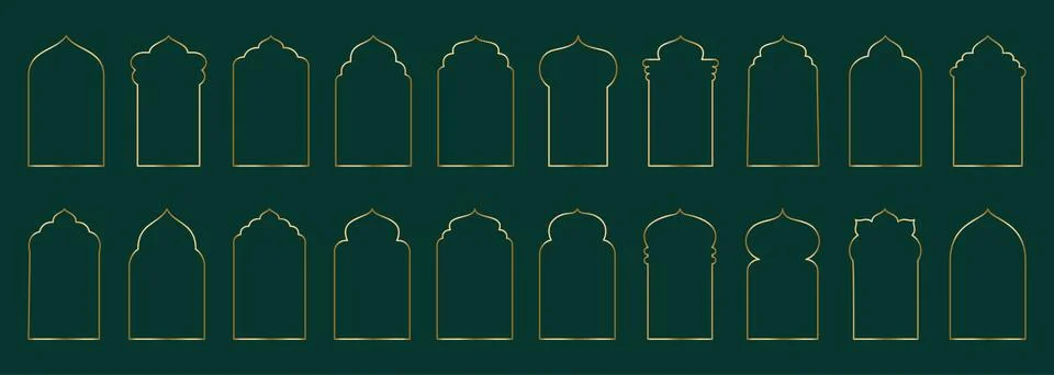 Gold thin arch frame shape Islamic door or window with geometric girikh pattern Stock Illustration