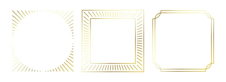 Gold thin frame set. Golden square borders in art deco style. Thin linear Stock Illustration