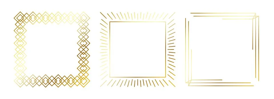 Gold thin frames set. Golden square borders in art deco style. Thin linear Stock Illustration