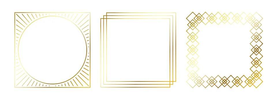 Gold thin frames set. Golden square borders in art deco style. Thin linear Stock Illustration