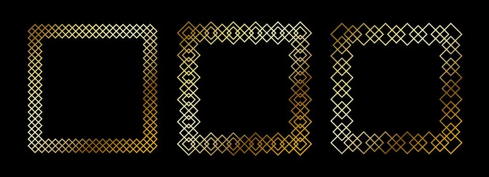 Gold thin frames set. Golden square borders in art deco style. Thin linear Stock Illustration
