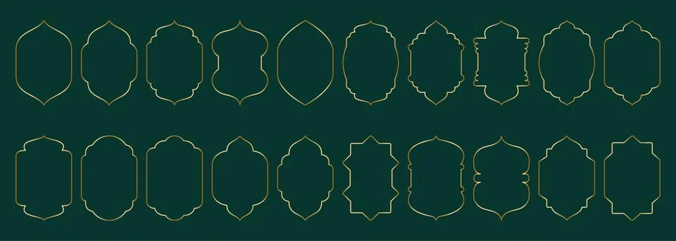 Gold thin window frame shape Islamic door or arch with geometric girikh pattern Stock Illustration