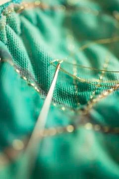 Gold-Threaded Needle Stitching Green Cloth Foto stock