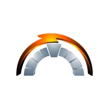 Gold Thunderbolt flash curved Orbit grey silver vector logo Stock Illustration