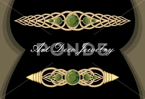 Gold tie pin in art deco style, antiquarian clasp with green gems smaragd Stock Illustration