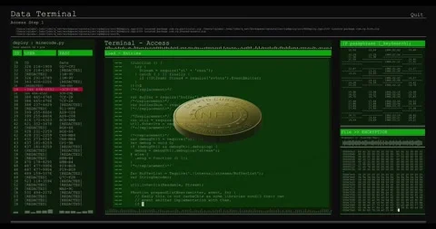 Gold token appearing from black rotating and scaling over green terminal Stock Footage 329454073