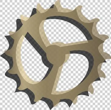 Gold-toned gear is rotating in 3D on transparent background with 16 teeth, three Stock Illustration