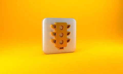 Gold Traffic light icon isolated on yellow background. Silver square button.  Illustrazione stock