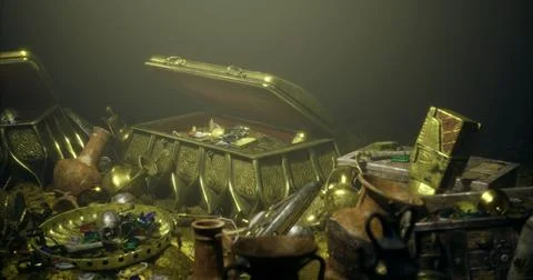 Gold treasure chests surrounded by ancient artifacts at the ocean floor Stock Illustration