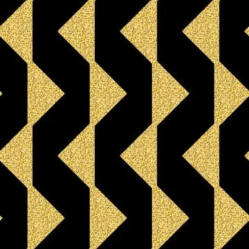 Gold triangle row, geometric seamless pattern black golden shimmer glitter ba Stock Illustration