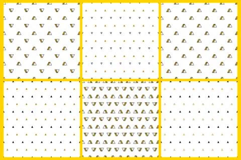 Gold triangles patterns set on white background. Abstract seamless repeating Stock Illustration