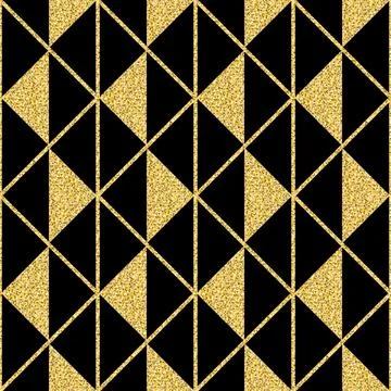 Gold triangular geometric ornament, seamless pattern black gold shimmer glitt Stock Illustration