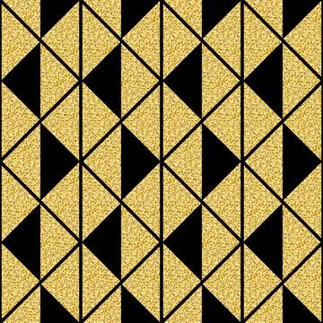 Gold triangular geometric ornament, seamless pattern black gold shimmer glitt Stock Illustration