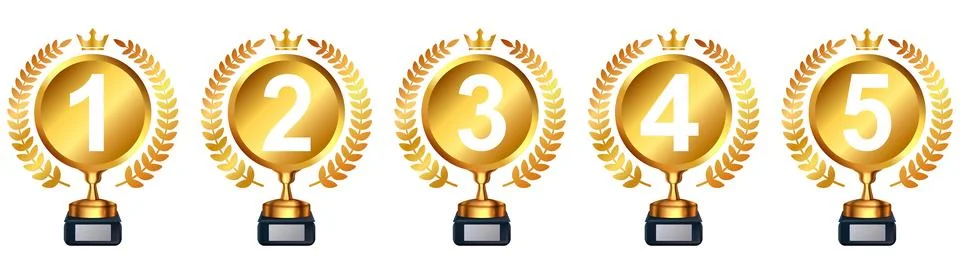 Gold trophy award vector. Winner trophy icon set. Top five ranking trophies.. Stock Illustration