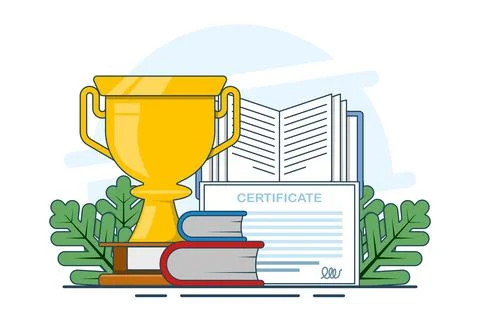 Gold trophy with certificate and book, graduation award pedestal with trophy. Stock Illustration