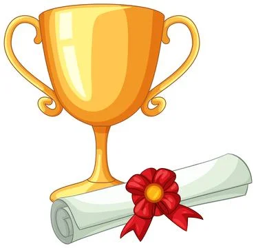 Gold Trophy Cup and Rolled Diploma with Red Ribbon Illustration Stock Illustration