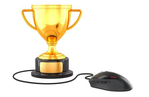 Gold trophy cup award with computer mouse, 3D rendering Stock Illustration