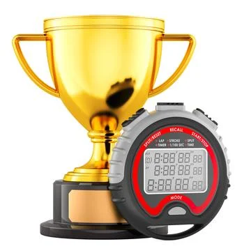 Gold trophy cup award with Digital Sports Stopwatch, 3D rendering Stock Illustration
