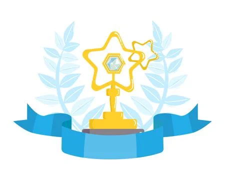 Gold trophy cup in shape of a star with diamond on blue ribbon, laurel wreath Ilustração Stock