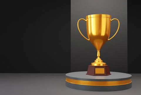 Gold trophy cup stand on round podium Stock Illustration