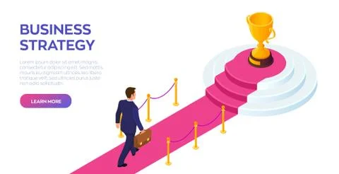 Gold Trophy Cup of the winner on a red carpet path. Businessman with briefcas Stock Illustration