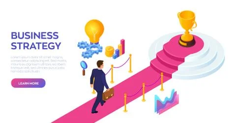 Gold Trophy Cup of the winner on a red carpet path. Businessman with briefcas Stock Illustration