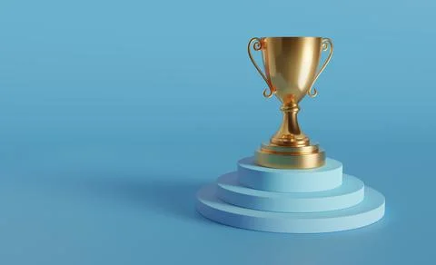 Gold trophy design on top of stairway. First prize honor. 3D render. Isolated Stock Illustration