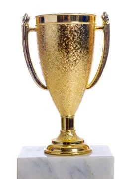 Gold trophy on a marble base with white background Stock Photos