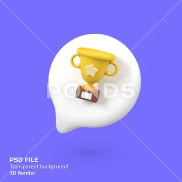 Gold trophy, prize winning star with bubble speech isolated 3d render icon .. PSD Template