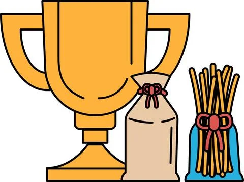 A gold trophy is on a table next to a bag of pretzels and a bag of string Stock Illustration