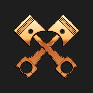 Gold Two crossed engine pistons icon isolated on black background. Long shadow 库存插图