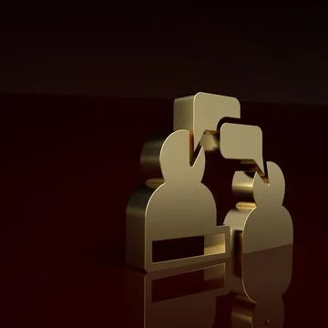 Gold Two sitting men talking icon isolated on brown background. Speech bubble Stock Illustration
