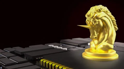 The Gold Unicorn chess on PCB board for Business concept 3d Rendering. Stock Illustration