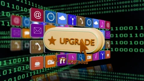 Gold UPGRADE button pulsing and updating counter, orange cursor clicking to Stock Footage 339494815