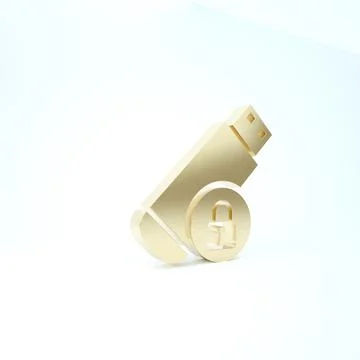 Gold USB flash drive with closed padlock icon isolated on white background. S 스톡 일러스트