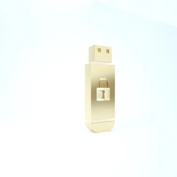 Gold USB flash drive with closed padlock icon isolated on white background. S Stockillustratie