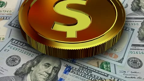 Gold USD Icon and 100 Dollar Bills, Money, High Quality, Exclusive Stock Footage 302271735