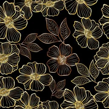 Gold vector flowers seamless pattern with gold contour lines Stock Illustration