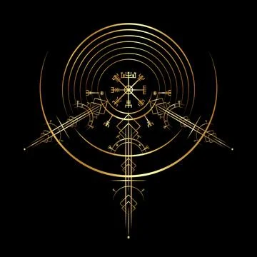 Gold Vegvisir magic navigation compass ancient. The Vikings Norse mythology sign Stock Illustration