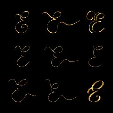 Gold Victorian E Letter Initial Cursive Hand Written Calligraphic Alphabet .. Illustrazione stock
